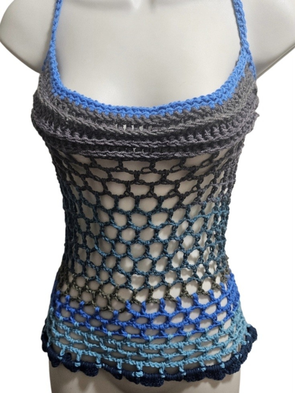 Hand Crafted Crochet Top Blue Gray Green Resort Wear One of a Kind